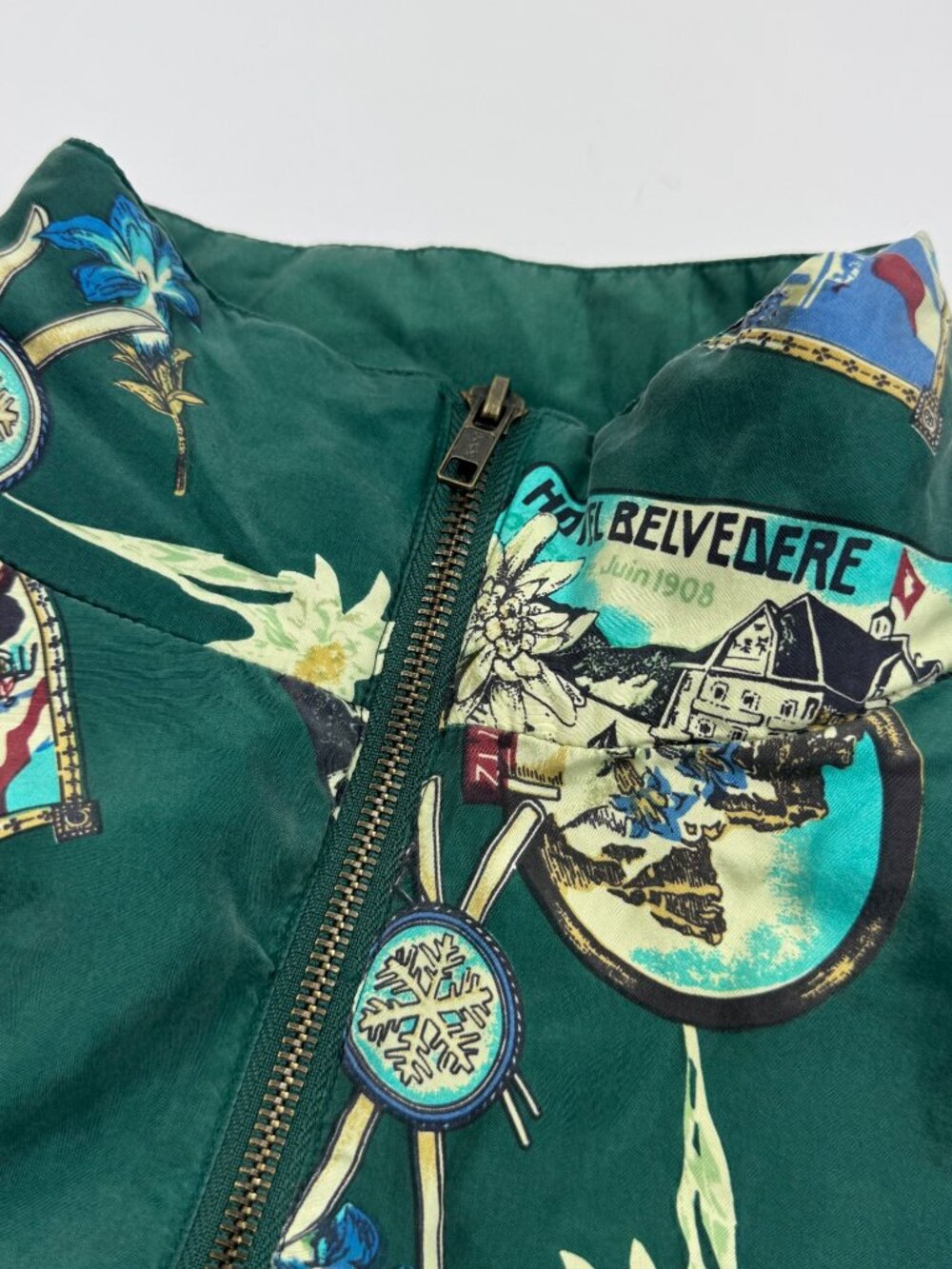 Lavon Womens Silk Bomber Jacket Green Size PM Oversized Postcard Motif - Picture 12 of 12